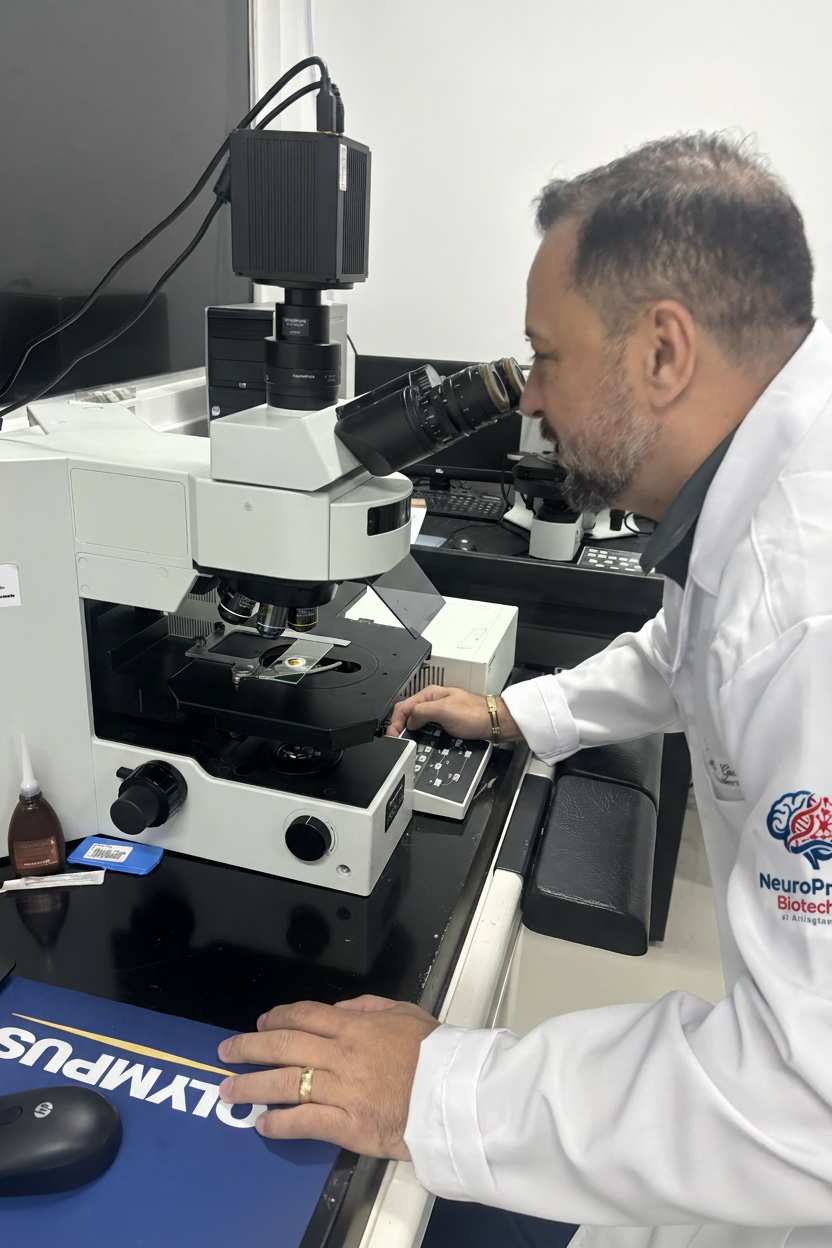 Prof. Deivis O.G. conducting laboratory microscopy research